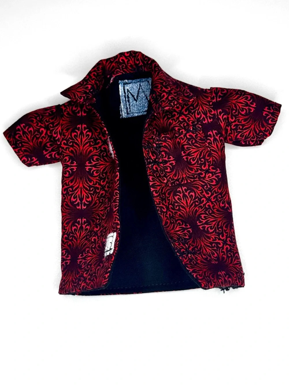 Crimson damask swirl print doll shirt lined in black